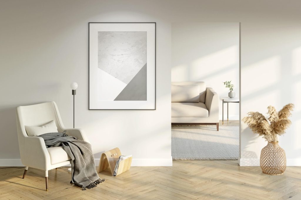 Living moderno con parquet a spina di pesce